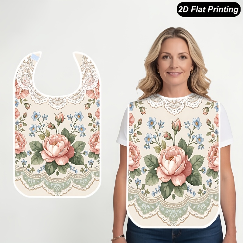 TEMU 1pc Adult Bibs For Women Men And Elderly, Floral Lace Rose Pattern Vintage 2d Flat Print Dining Apron, Feeding Bib For Adults, Parties, Dining,