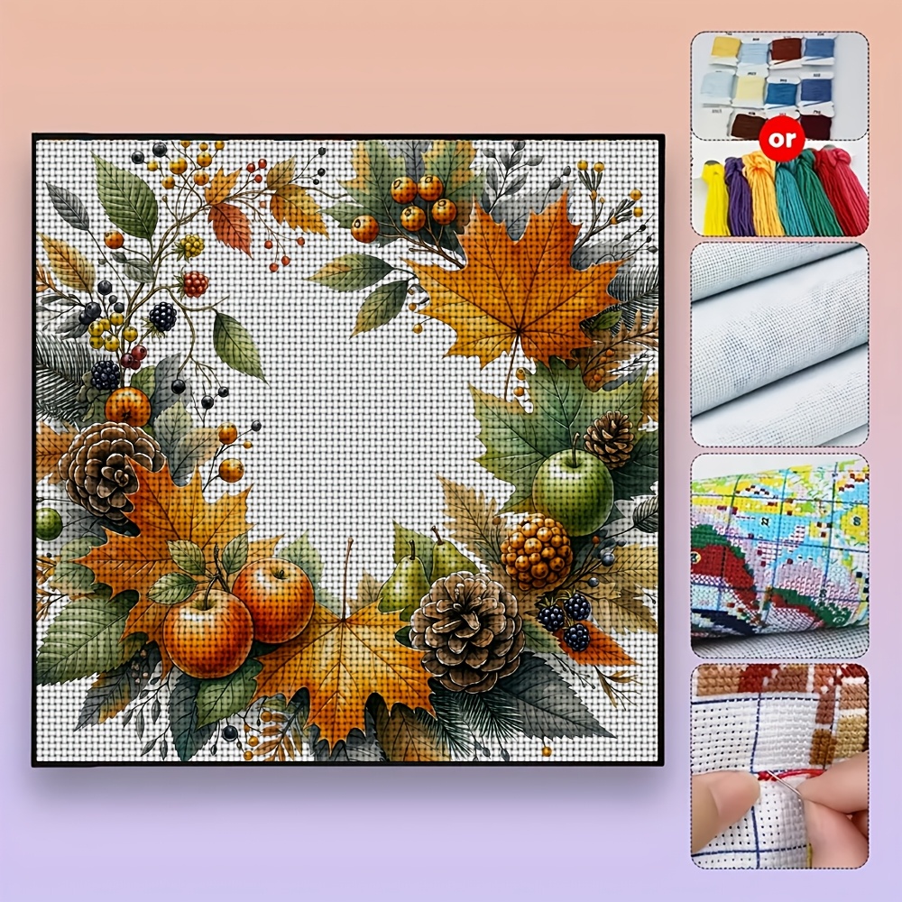 New Cross Stitch Printed Kit, "Autumn Fruit Leaf Wreath" Pattern