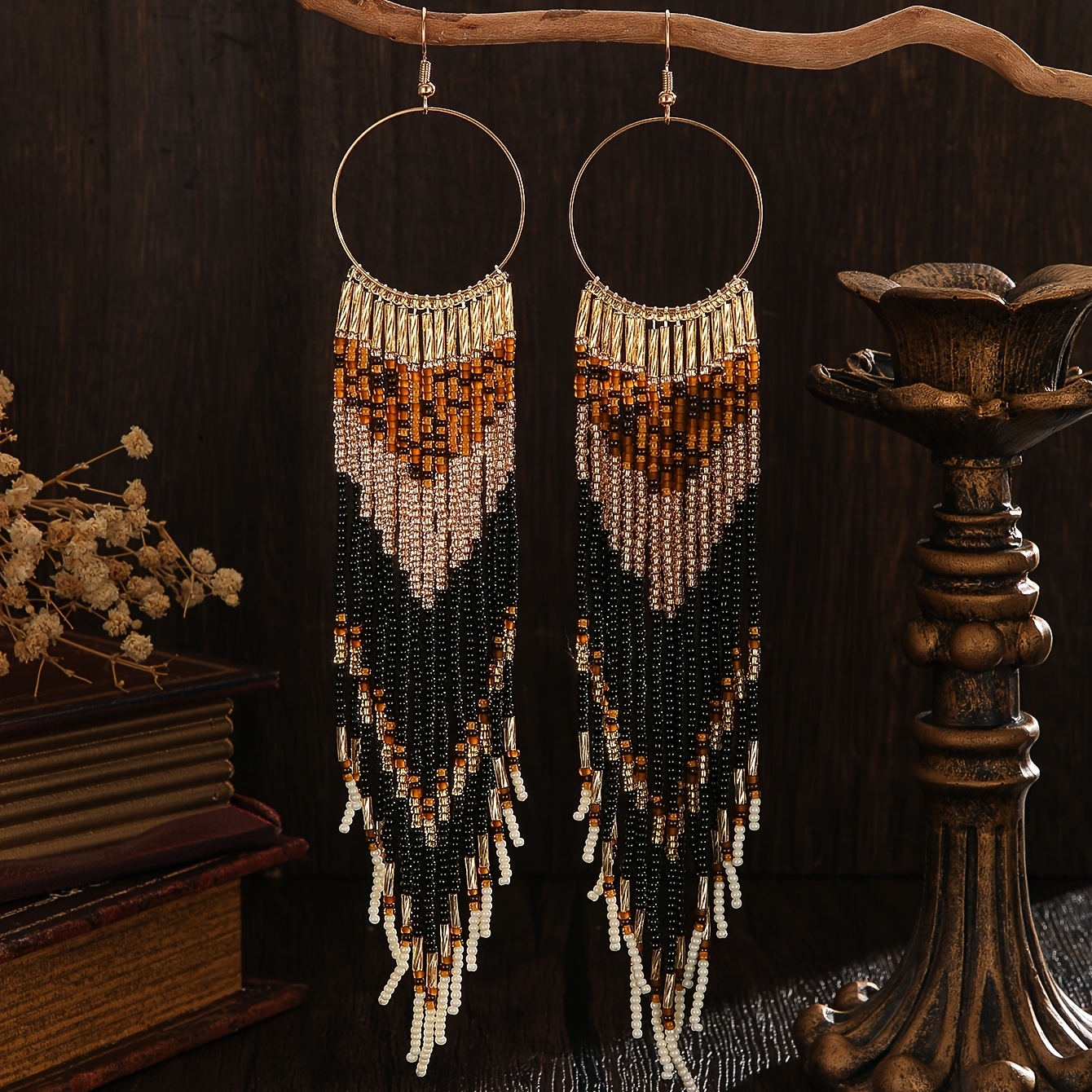 TEMU 2pcs Hand-woven Beaded Women's Fashion Earrings, Bohemian Style, Vintage Elegant Geometric Gradient, Black And Brown Tassel Design, White And