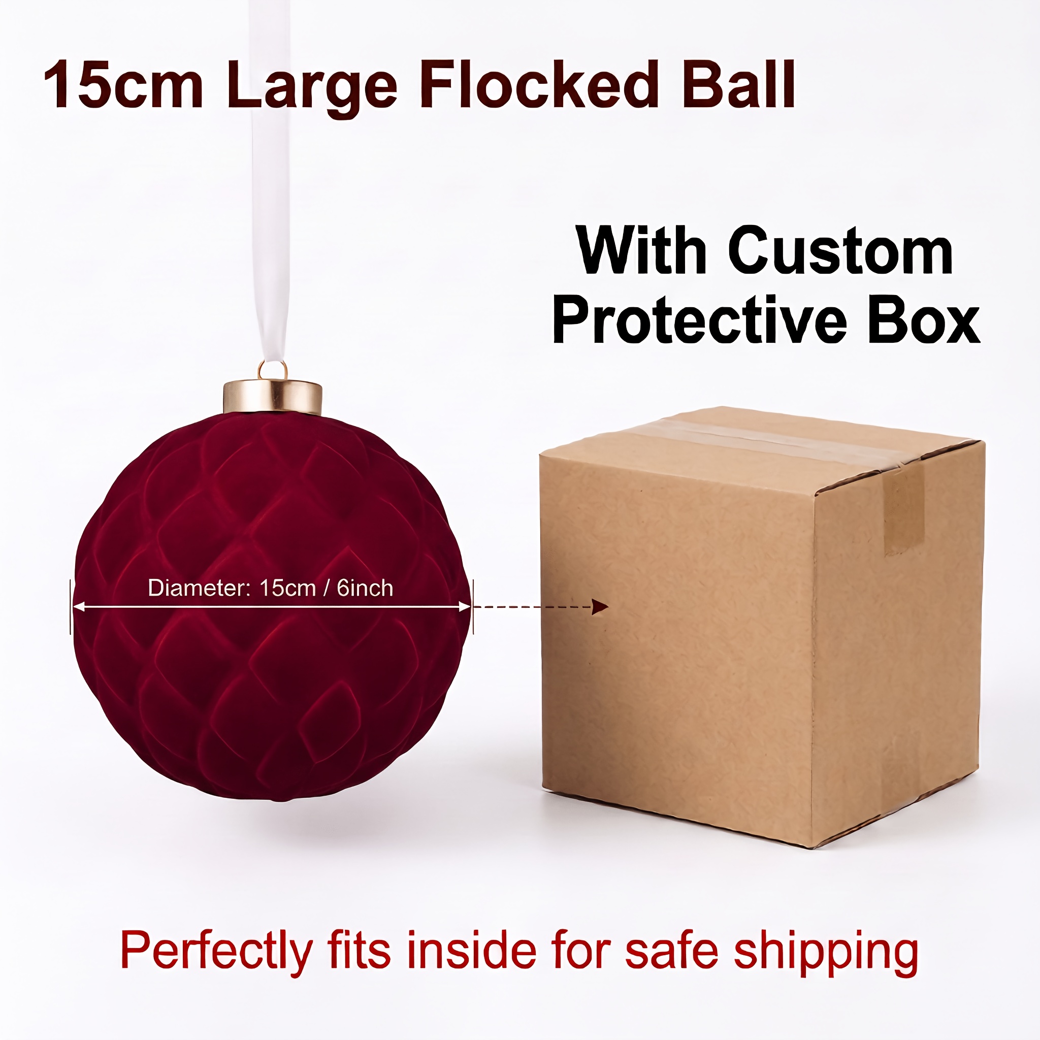 TEMU Boule de Noël en velours bordeaux anti-chute de 15 cm/6 pouces avec ruban, 2 différentes (rond, diamant), décoration de suspension pour sapin de