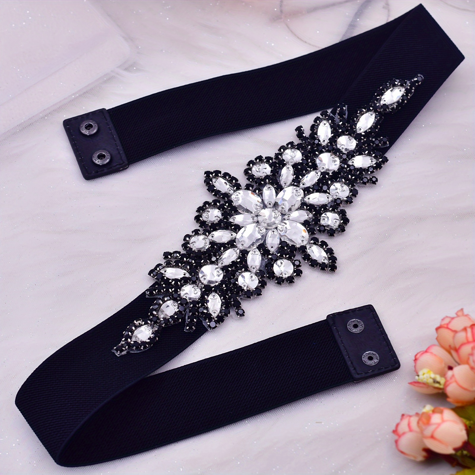 Image of Hand-sewn Black Glass Rhinestone Elastic Waist Belt For Daily Dresses, Banquet Gowns, And Cinching Decoration, Casual Sweater And Coat Women's Belt