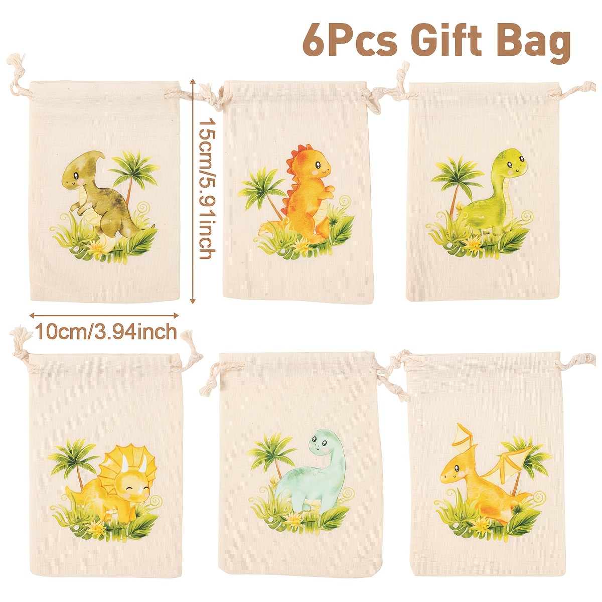 Image of 6pcs Dinosaur Drawstring Gift Bags - Vibrant Dino Theme Party Favors With Palm For Showers, Birthdays, ' Events (, Triceratops, ), Dinosaur Party Supplies
