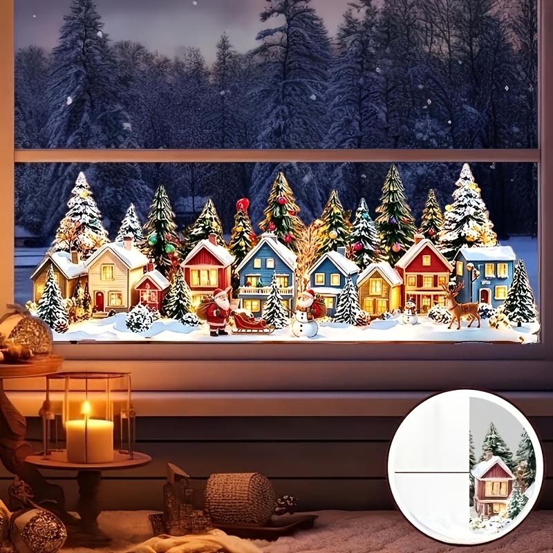 TEMU 2D Flat - 2D Flat - Weihnachten, Weihnachtsgeschenke, 2D Flat Design, Winterdorf Weihnachtsfensteraufkleber, Schneehaus Weihnachtsmann Rentier