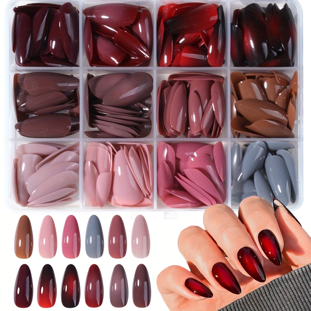 TEMU 144pcs Faux Ongles Amandés à Pression pour Femme - Faux Ongles Brillants à Couverture Complète avec 12 Couleurs Ombrées Rouges, Convient pour