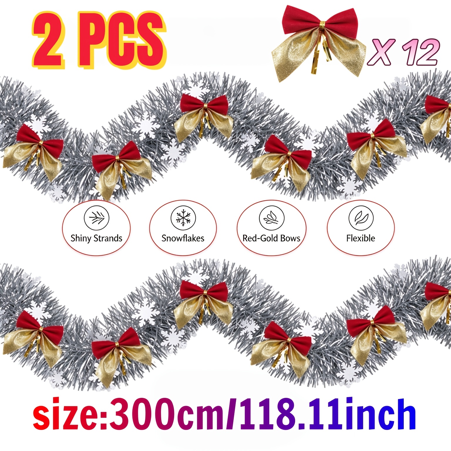 TEMU 6 Mètres = 2 Ensembles de de Neige Argentés de Luxe Léger pour Noël avec Nœuds, avec 12 Nœuds Rouges Dorés. Décoration en Feuille Métallique -
