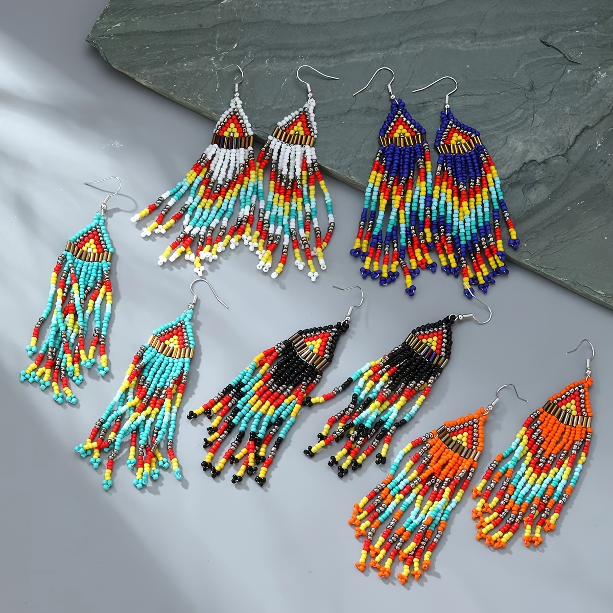 TEMU 5pairs/set Boho-chic Handcrafted Glass Bead Tassel Earrings - Bohemian Rice Beads Long Drop Dangle Ear Jewelry Additions, Vintage Ethnic Style