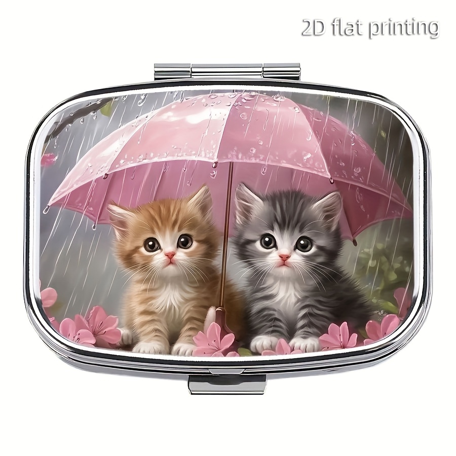Image of 1pc Kittens Sheltering From Under Umbrellas Small Pill Case, 2 Compartments Metal Portable Pill Box, Mini Pill Organizer For Travel Or Daily