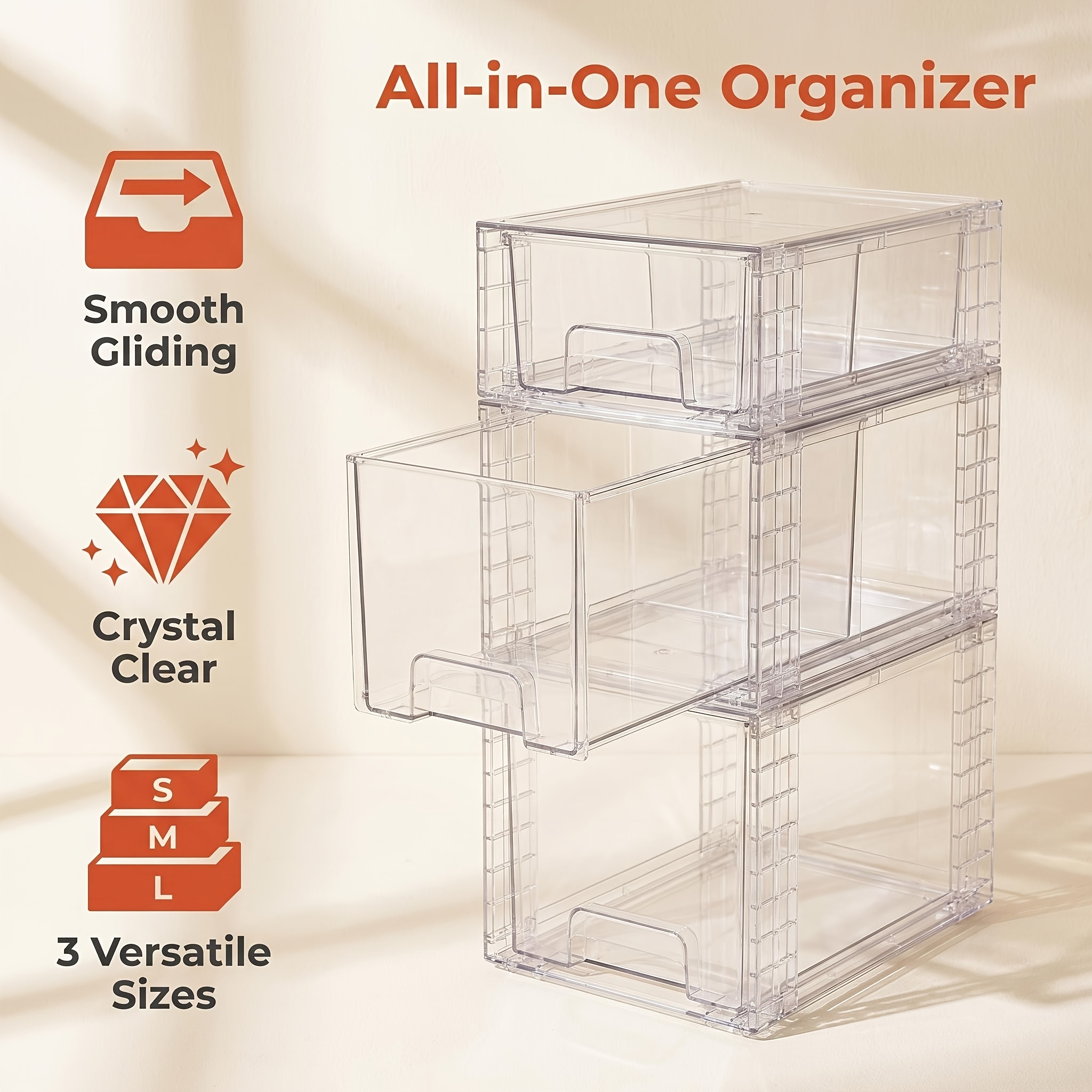 TEMU Lot de 3 de rangement empilables transparents avec couvercles et poignées | Organisateurs faciles à assembler pour placard et cuisine | Tiroirs