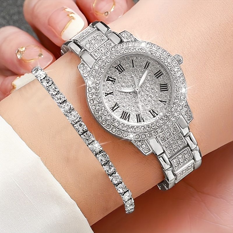 

2pcs/set Women's Luxury Rhinestone Quartz Watch Shiny Fashion Analog Wrist Watch & Bracelet, Gift For Mom Her