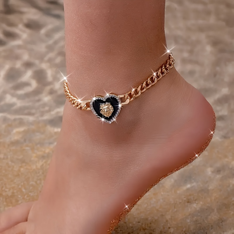 E-shop 1 Elegantes und exquisites Herzförmiges Löwenkopf-Fußkettchen im Metallstil, geeignet für Damen als Alltags, Party- und Urlaubsaccessoire
