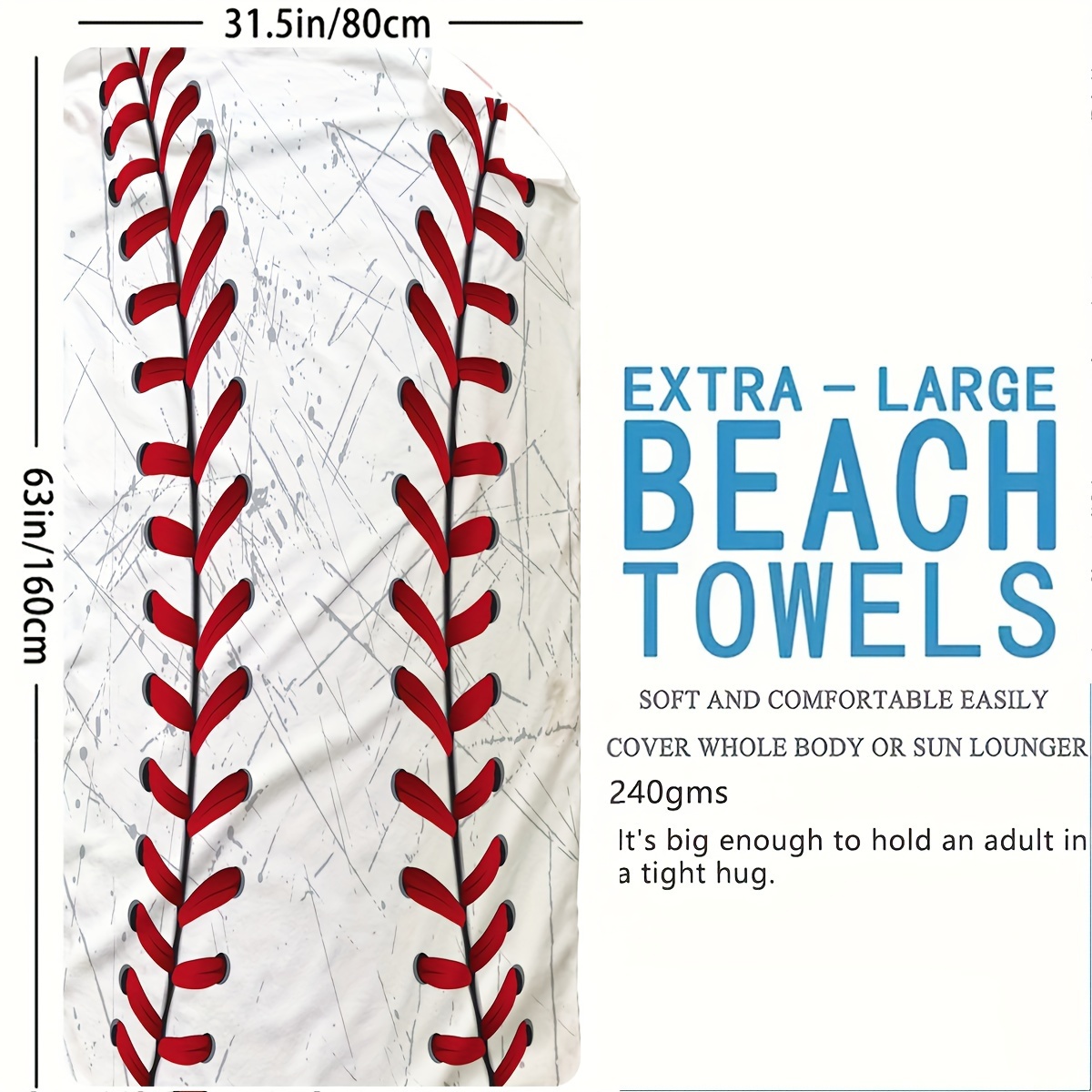 TEMU 1pc Baseball Pattern Beach Towel, Soft Absorbent Beach Towel, Lightweight Beach Blanket, Holiday Essential Gifts, Beach Essentials