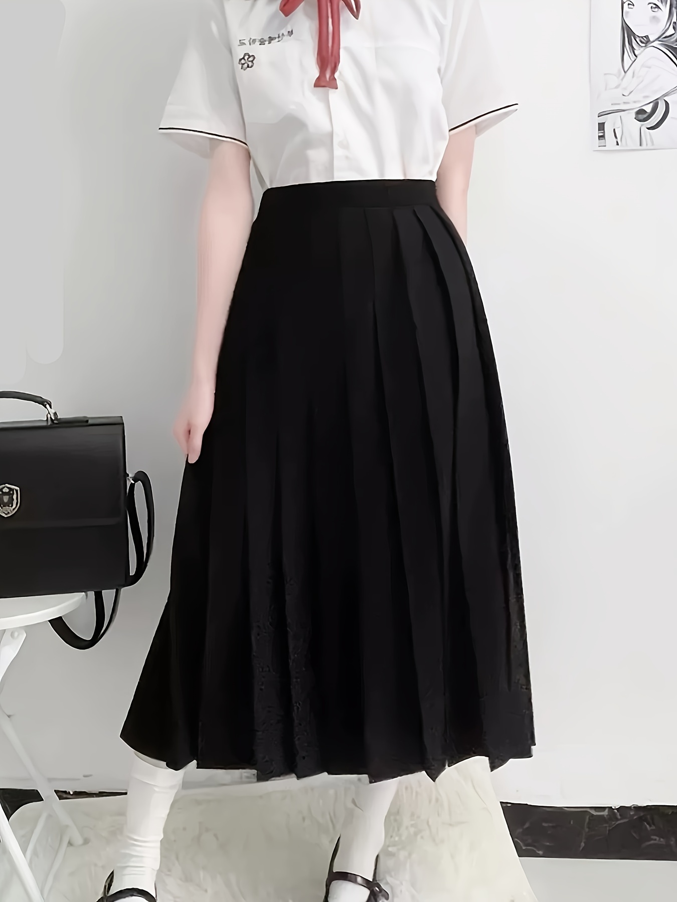 1pc womens a line jk skirt solid color polyester pleated   skirt with pockets   versatile school uniform style woven fabric   fit black 0