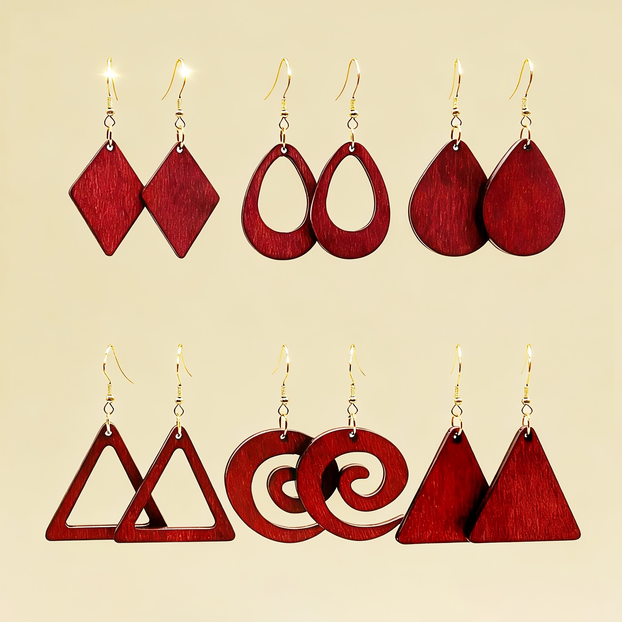 TEMU 6 Pairs Of Vintage Wine Red Minimalist Geometric Wooden Earrings, Stylish And Versatile For Women, Featuring Various Lightweight Wooden Designs