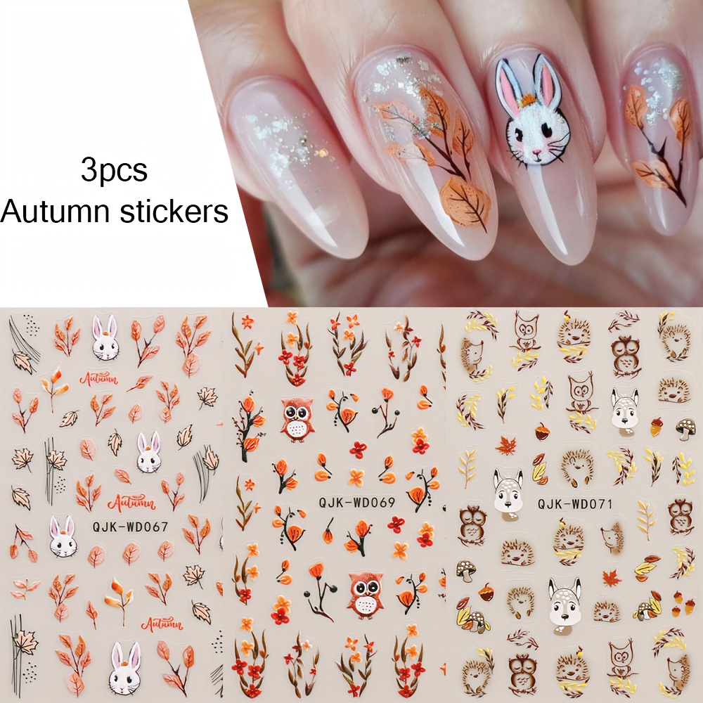 3 Sheets Autumn 3d Nail Art Stickers Fall Leaves Owl Rabbit Hedgehog Deers Animals Patterns Adhesive Nail Decal Sliders Diy Manicure Decorations