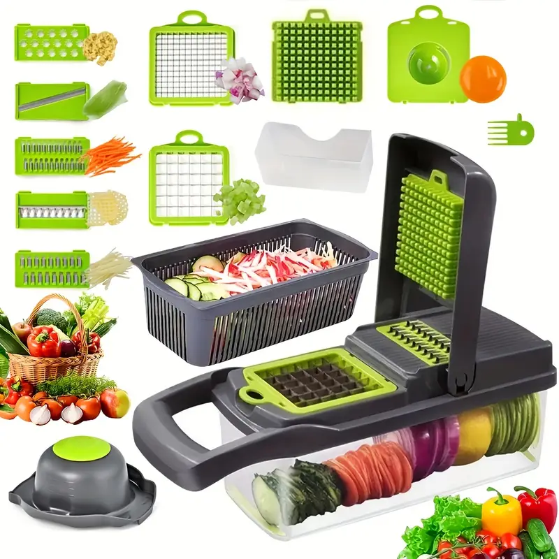 16 in 1 heavy duty vegetable chopper with 8 blades manual food processor onion carrot garlic potato chopper compact cleaning container for commercial kitchens durable plastic construction vegetable slicer and chopper kitchen slicer material restaurant equipment spacesaving design easy to clean restaurant staff details 3