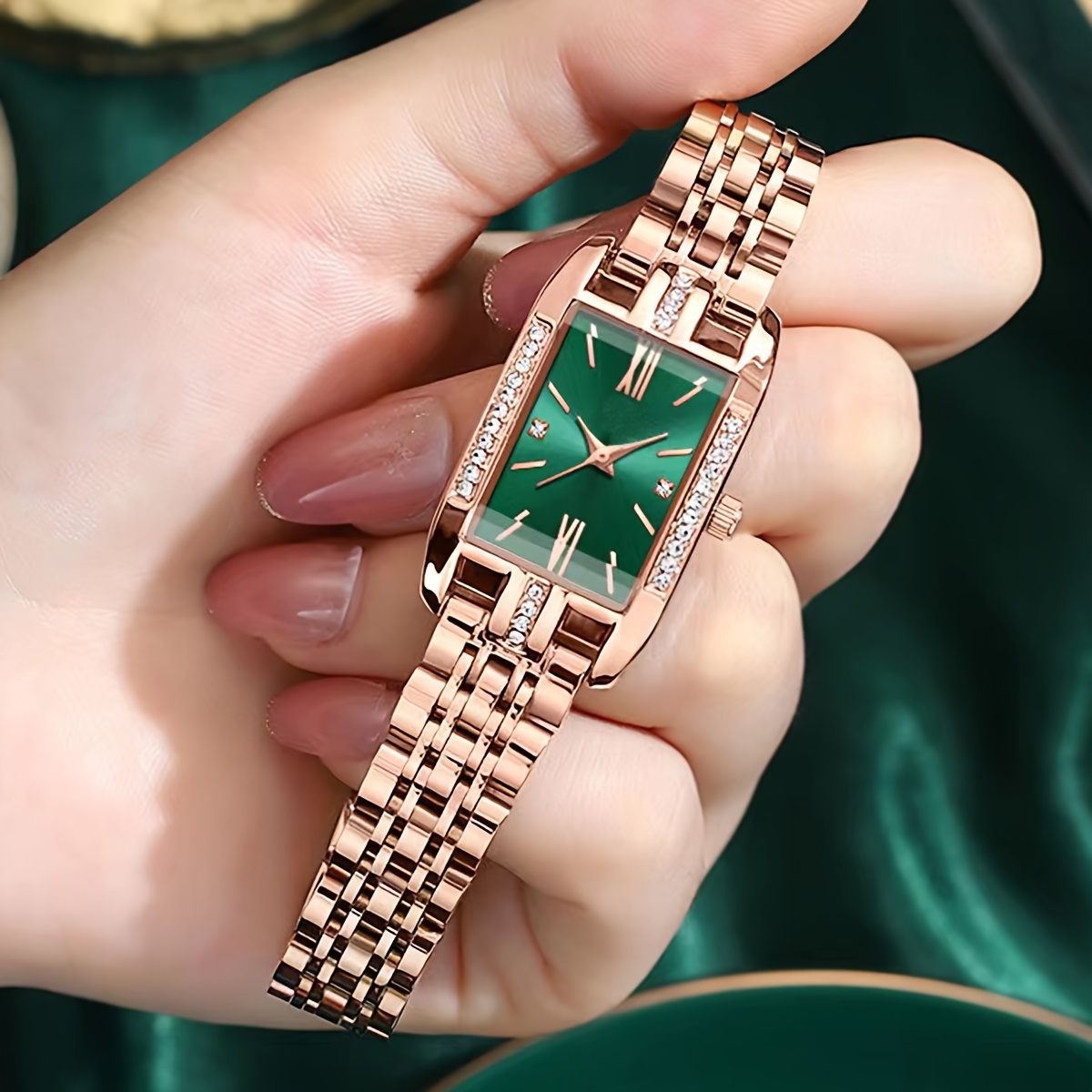 

Elegant Square Quartz Watch With Rhinestones, Stainless Steel Bracelet Zinc Alloy Dial, Bohemian Style, Luxurious Timepiece For Women