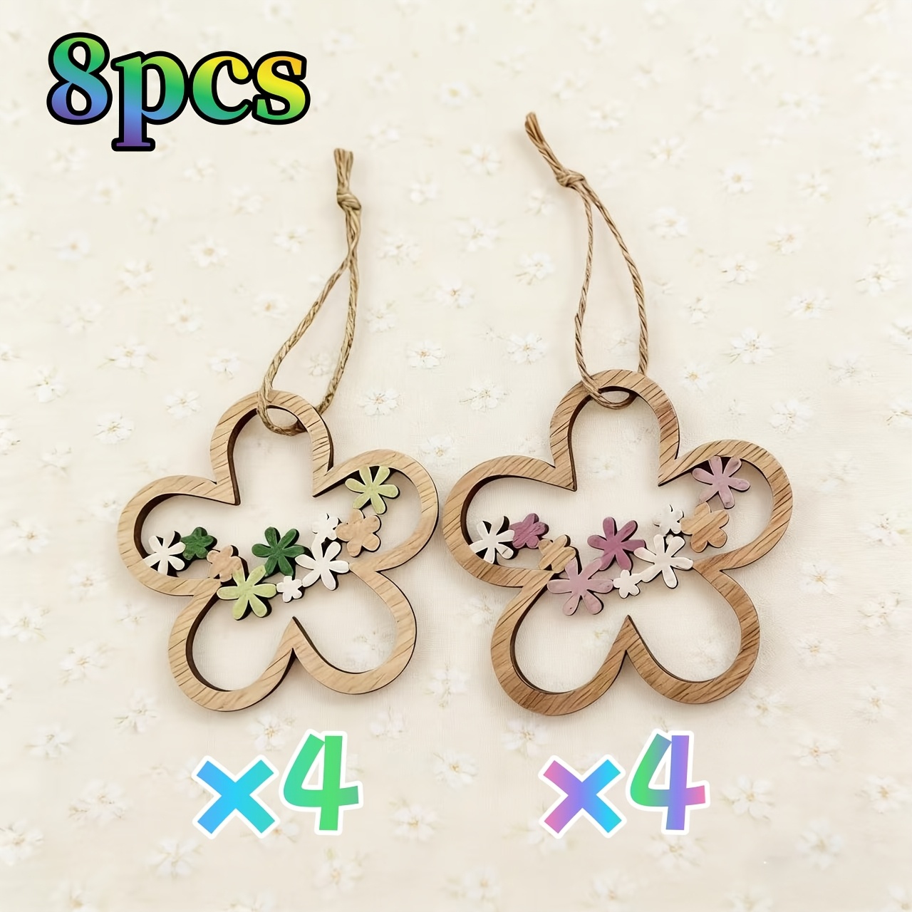 Image of 8pcs Holiday Ornament Set, Wooden Flower Pendants 3.31 Inches, Pink And Green, Hanging Wooden Decorations, Suitable For Spring Decorations And Easter Decorations