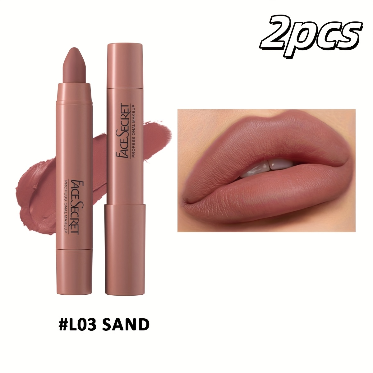 Image of 2pcs-matte Waterproof Lip Crayon,nude Brown,long-lasting Formula, Crayon-like Texture, High Pigmentation, Lip Line Concealing, Suitable For Types, Ideal For Halloween And Christmas Makeup Looks.