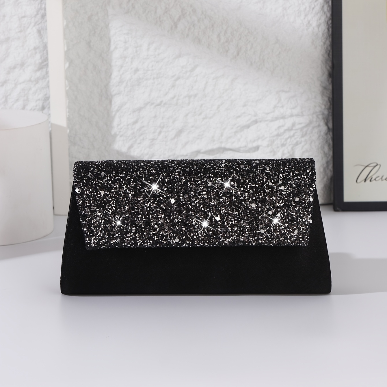 TEMU Exquisite Sequin Black Women's Clutch, Trapezoidal Design Small Evening Bag, Music Festivals, Daily Matching, Dates And Shopping, High-end