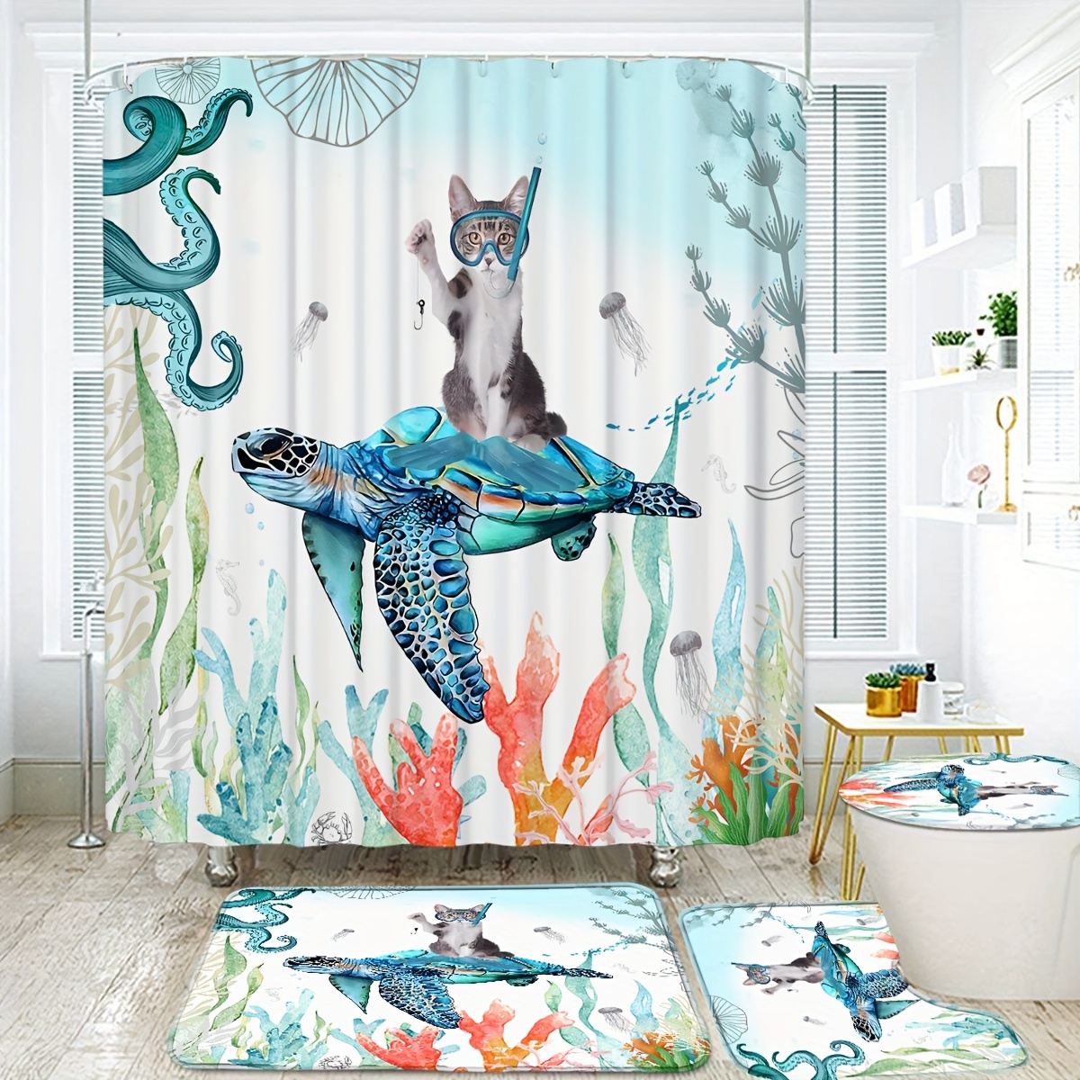 

Whimsical Kitty And Turtle Bathroom Set: Includes 70.8x70.8in Shower Curtain, 12 Free Hooks, And 4 Cozy Bath Mats - Perfect For A Fun And Playful Bathroom Decor!