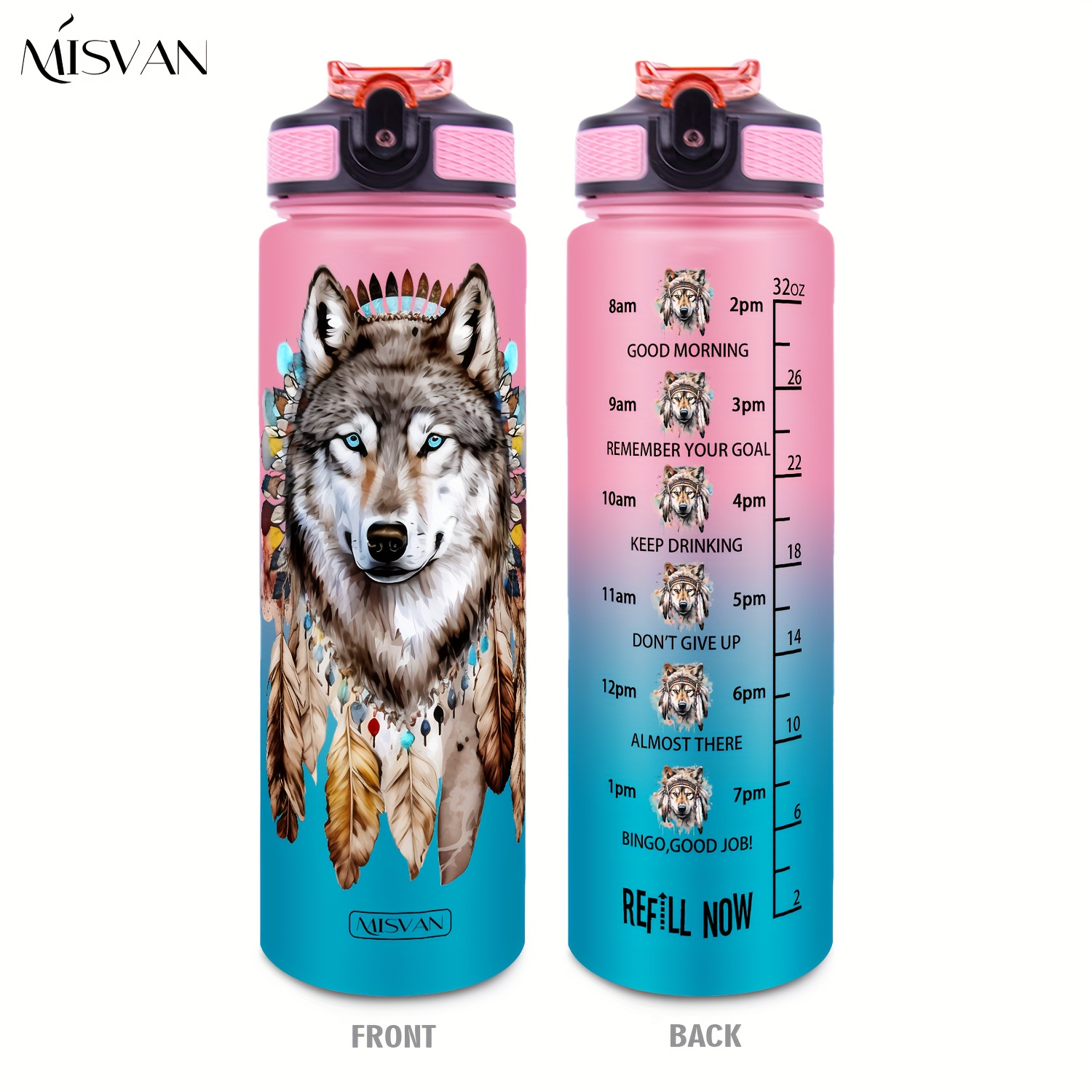 Image of 1pc, Wolf-themed Print. 32oz Gradient Color Motivational Water Bottle Markers – Leak-proof, Time- Hydration Tracking. Perfect For Sports, Fitness, , And Travel. Gradient Color Water Bottle