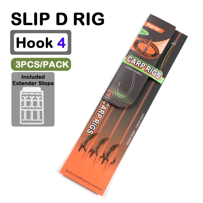 TEMU Set Of 3 Carp Fishing Slip D Rigs Featuring Extremely Sharp Curve Shank Hooks In Sizes 2, 4, And 6, Pre-tied With Hook And Fishing Line Tackle