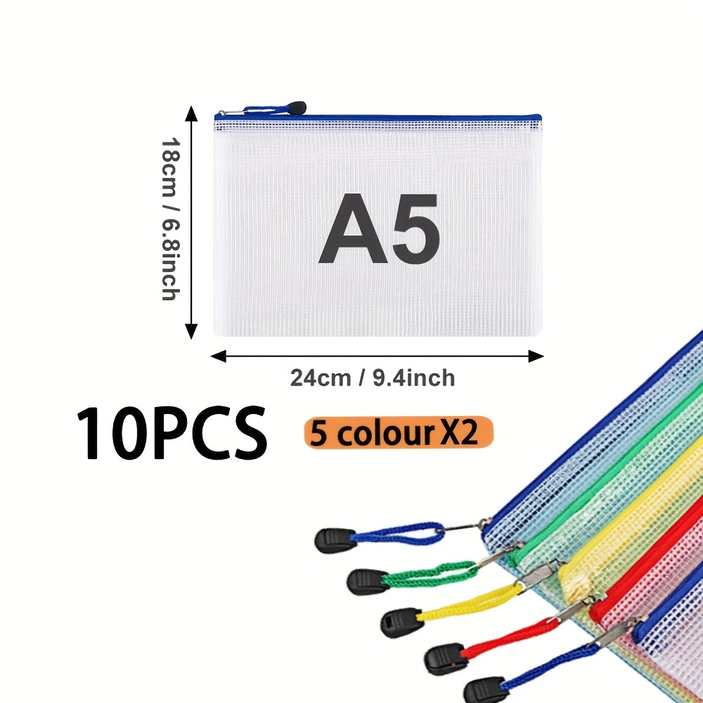TEMU 10pcs Pvc Mesh Zipper File Bags - Fits A4/a5/a6, 5 Colors, Document Storage | Bags | Gridtextured Bags