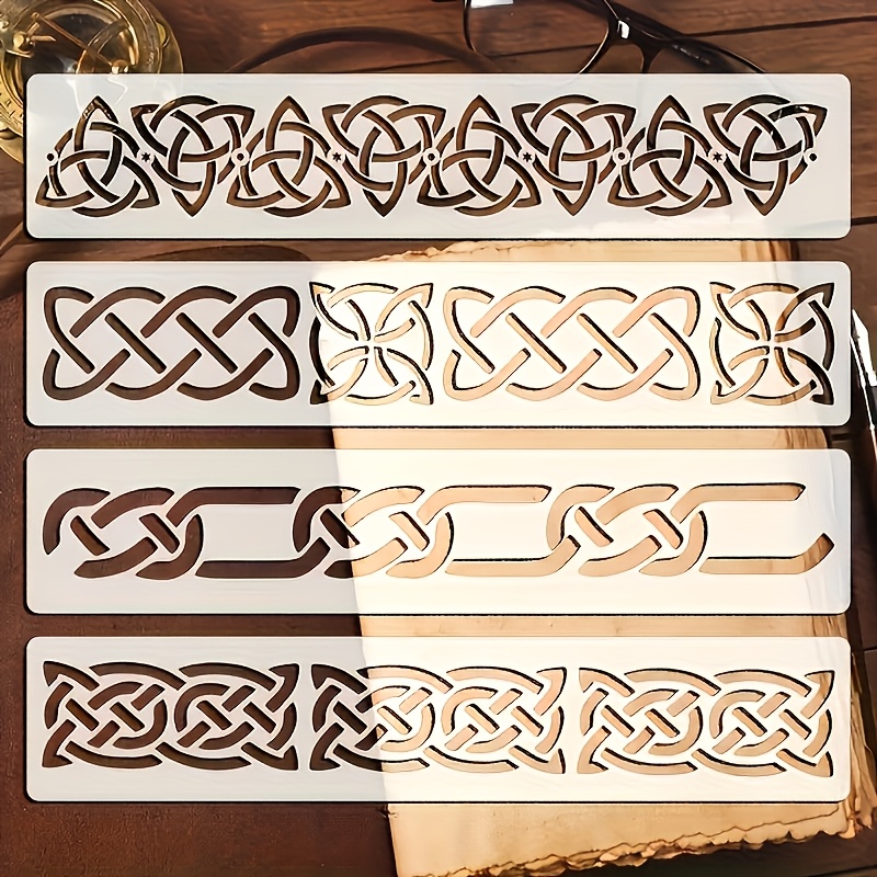TEMU Celtic Knot 4pcs Template Set, Suitable For Wooden Panels, Textiles, Tiles, Scrapbooks, And Home Decor, Reusable Wall Frame And Chain Drawing
