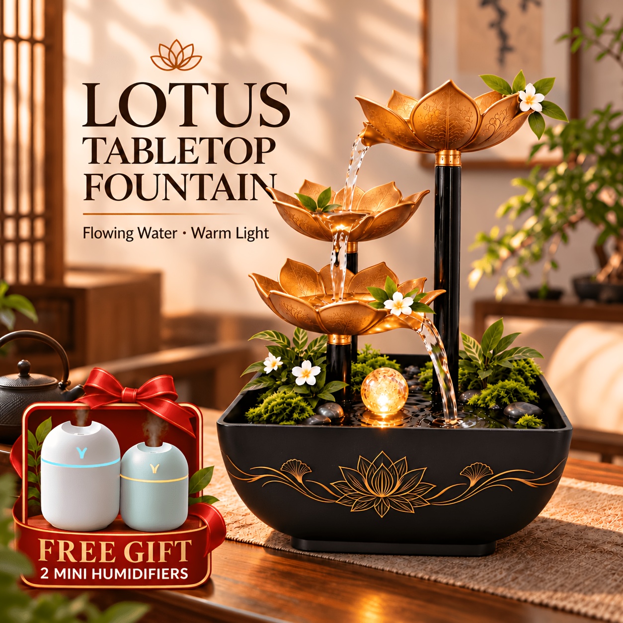 TEMU Leaf Tabletop Decor Ornament, Usb Operated Circulating Flowing Effect Desktop Art Piece With Warm Led Lamp, Zen Style Indoor Table Accent For