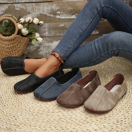 womens retro minimalist slip on flats round toe synthetic cover with rubber sole