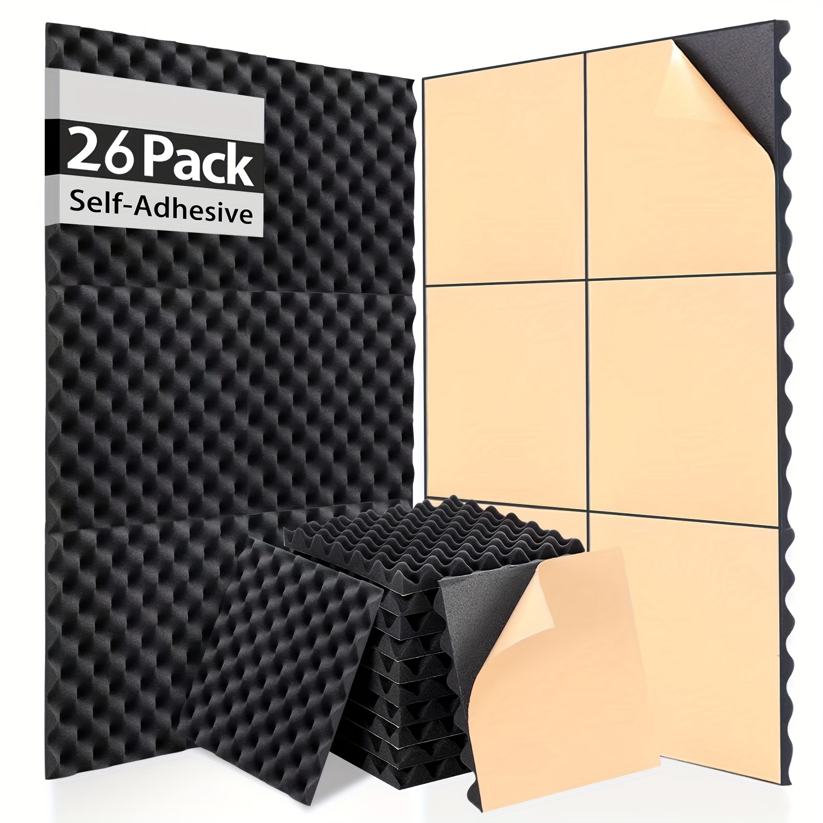 

26pcs Auslet Black Egg-crated Acoustic Panels, 12"x12"x1.18", Self-adhesive Soundproof Wall Tiles For Home And Office - High Density & Fire-retardant