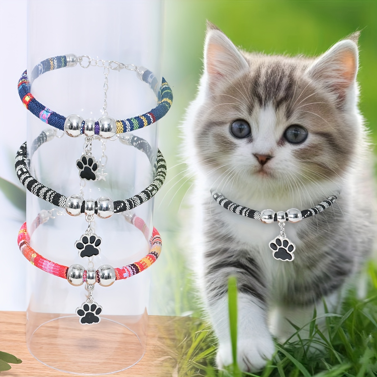 

Nylon Pet Necklace With Paw Print Pendant - Adjustable Cat And Small Dog Collar With Ethnic Design - And Stylish Pet Accessory