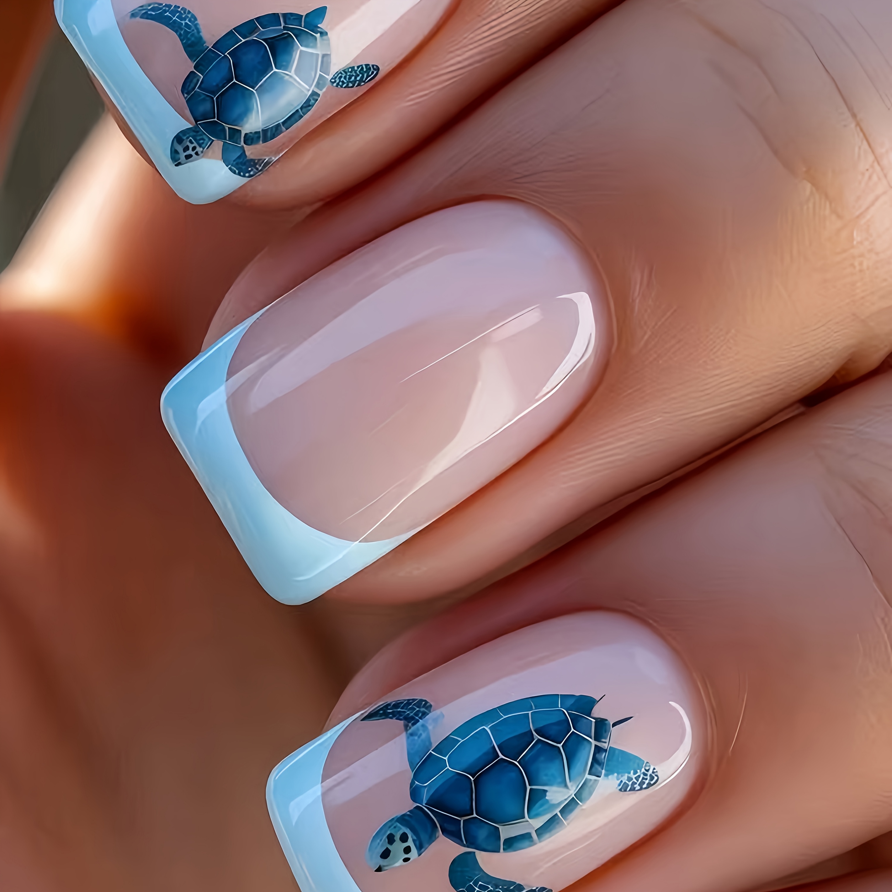TEMU 24pcs Set Nude Transparent Base Edge Sea Turtle Press-on Nails, Short Trapezoidal Refreshing Hand-painted Turtle Summer Seaside Vacation