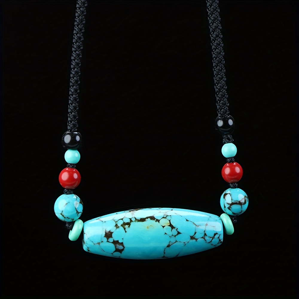 TEMU Turquoise Necklace Clavicle Chain With Wealth God Side Pendant, Ethnic Style New Chinese Fashion Accessory For Men And Women