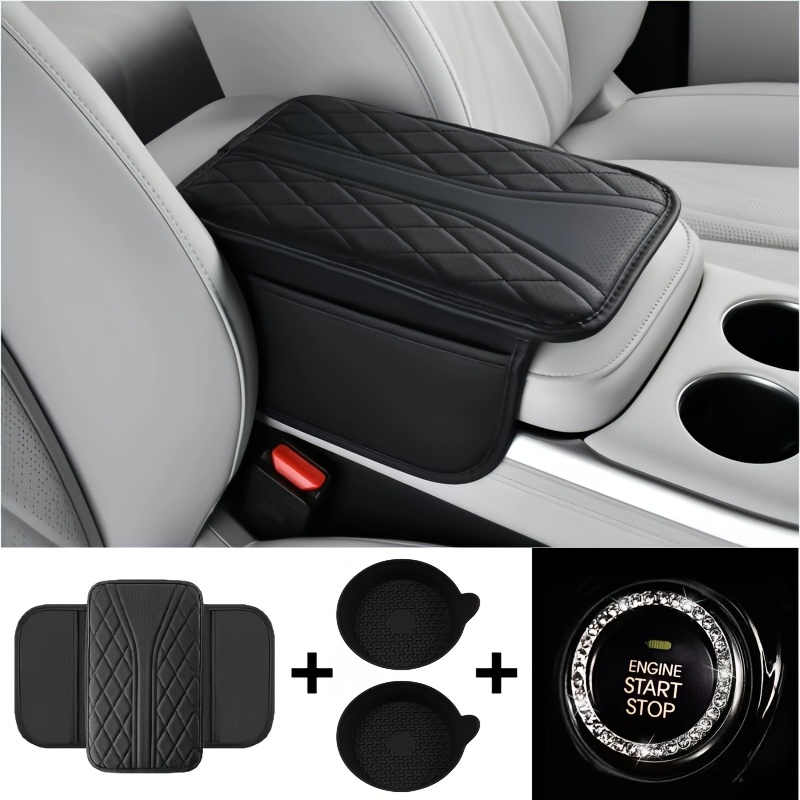 TEMU Car Armrest Box Pad Set (1 Armrest Pad + 2 Random Mats + 1 Button Sticker)made Of Premium Faux Leather, Featuring Soft Elbow Rest And Delicate