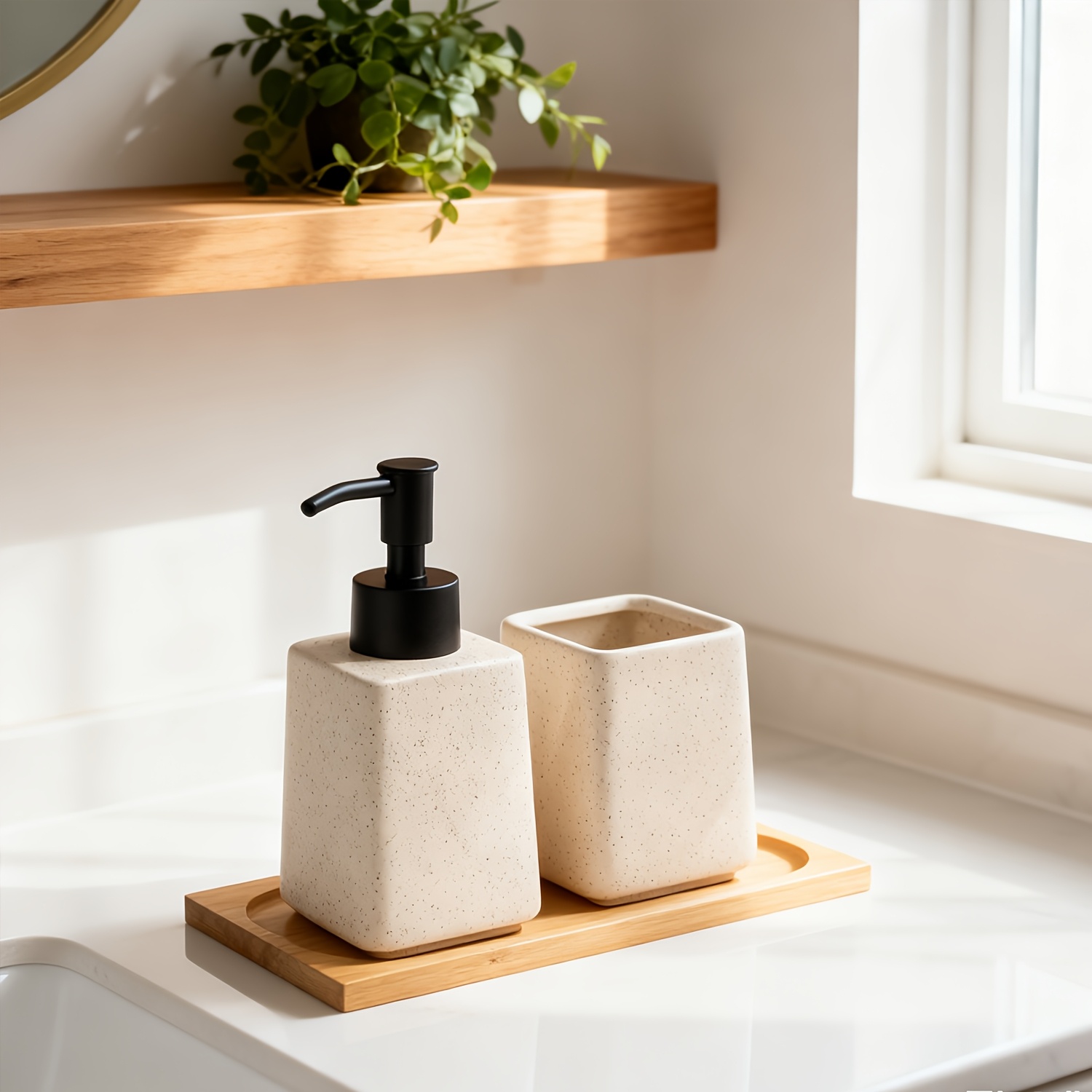 TEMU High-end Bathroom Accessory 3pcs Set, Manual Soap Dispenser Kit, Stone-textured Hand Soap Bottle With Anti-leak Pump, Toothbrush Holder, Tray,