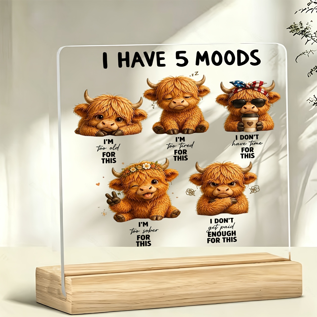 TEMU 1pc Cute Cartoon Long-haired Cow Standee Paperweight, Inspirational Slogan, Warm Slogan, Acrylic Ornament, Home Decor, With Wooden Base,