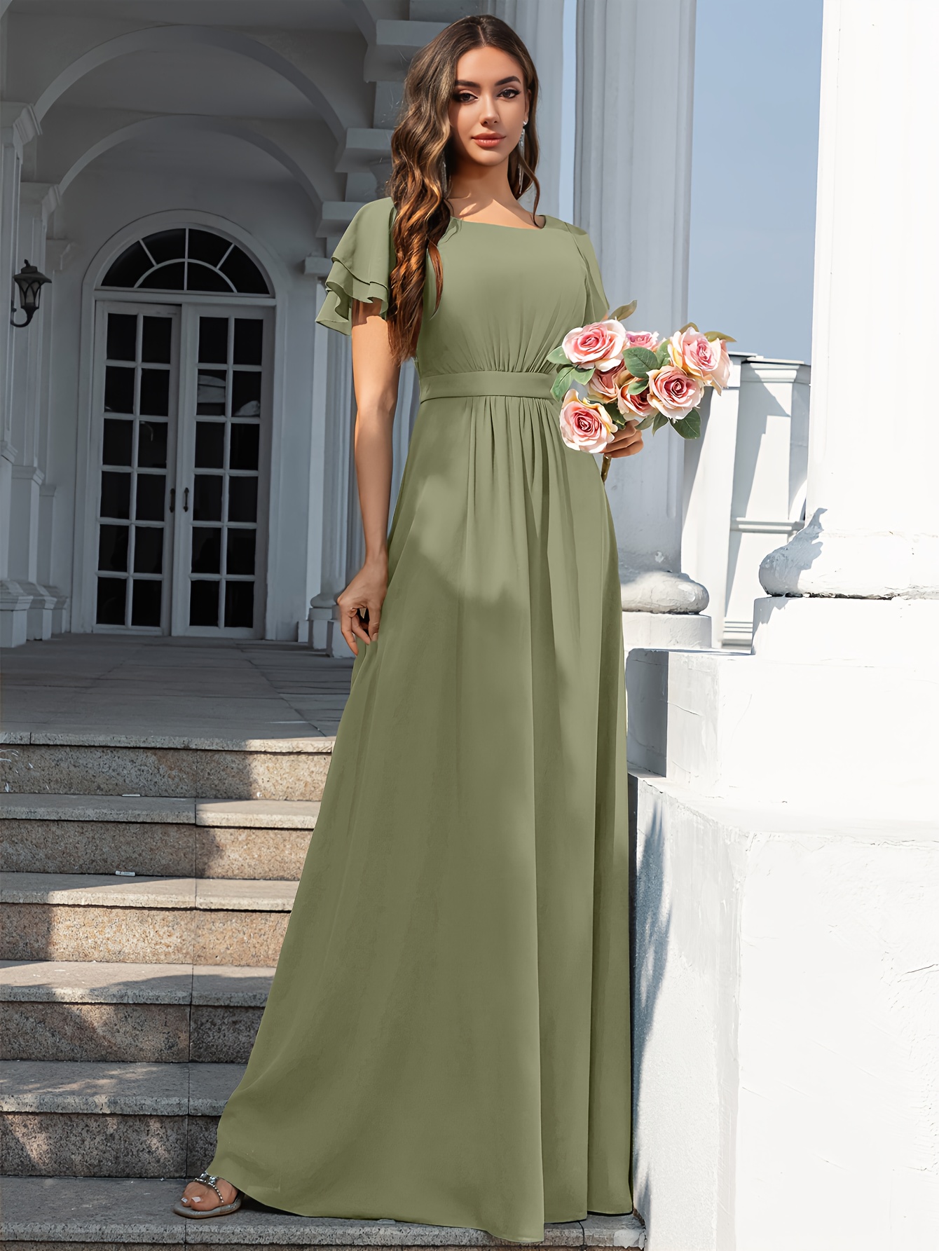 chinese dress ladies Chic Long A line Sleeveless Scoop Neck Ruffle Chiffon Bridesmaid Dress –  BIZTUNNEL main image 0