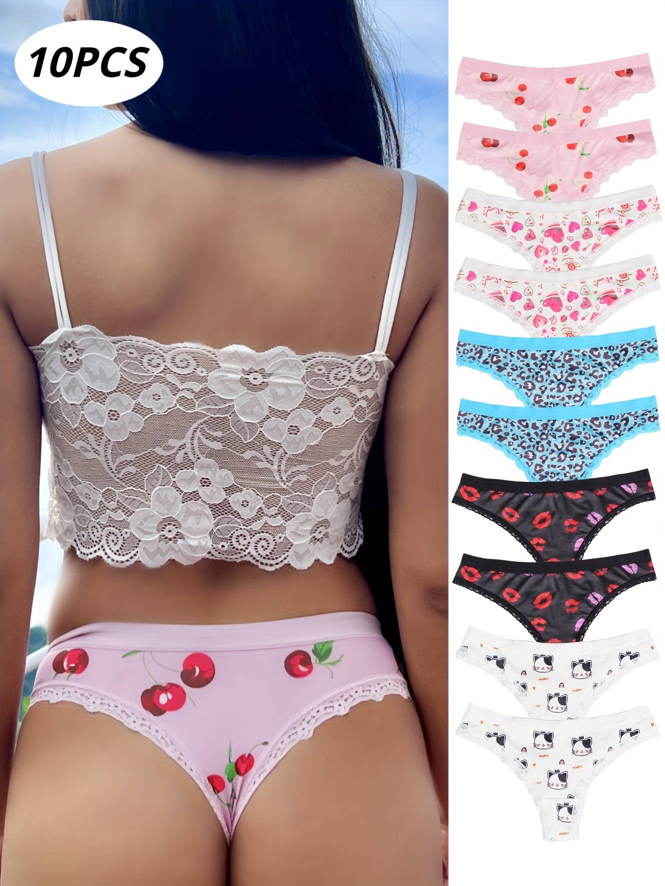 Women Sexy Cute Lace Trims Cartoon Heart Pattern Thong Underwear