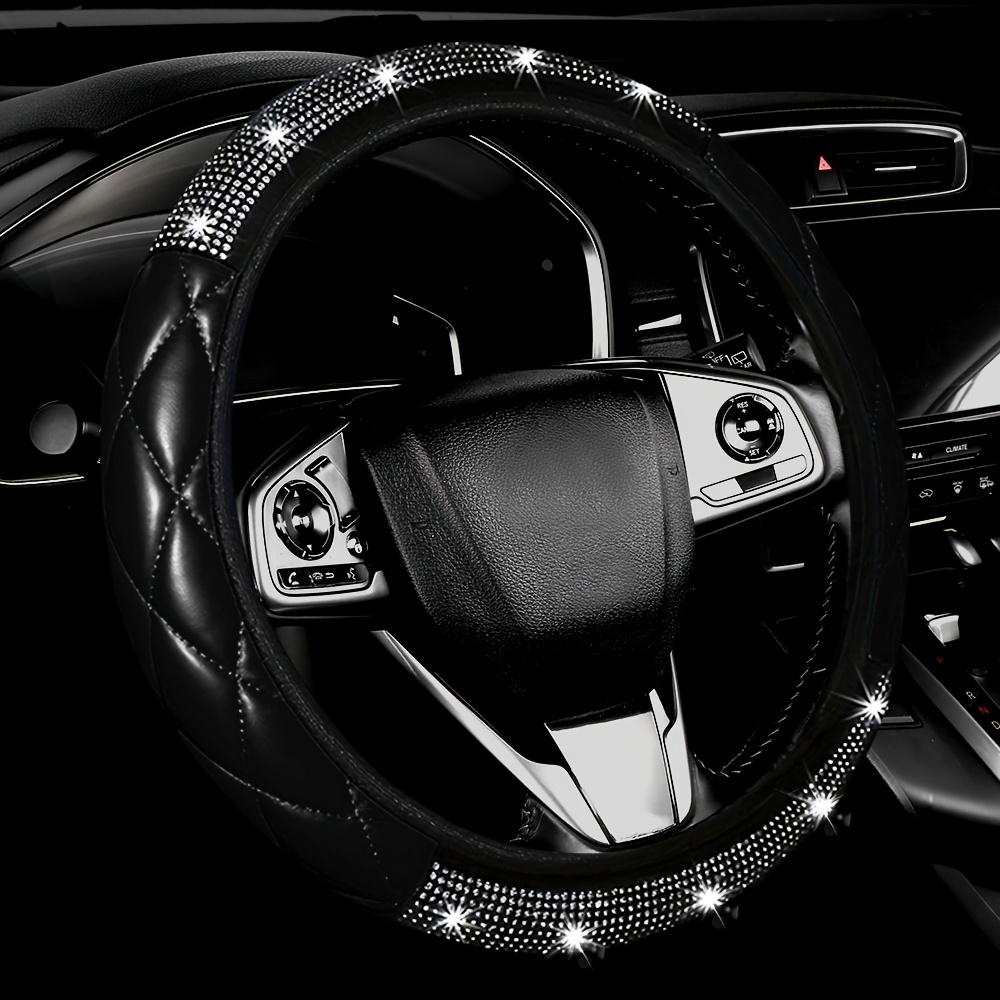 TEMU Fit Diamond-encrusted Steering Wheel Cover Pu Leather Suitable For 14.57-14.96 Inch Hubs, No , Luxury Glossy Grip For Car Dashboard Upgrade,