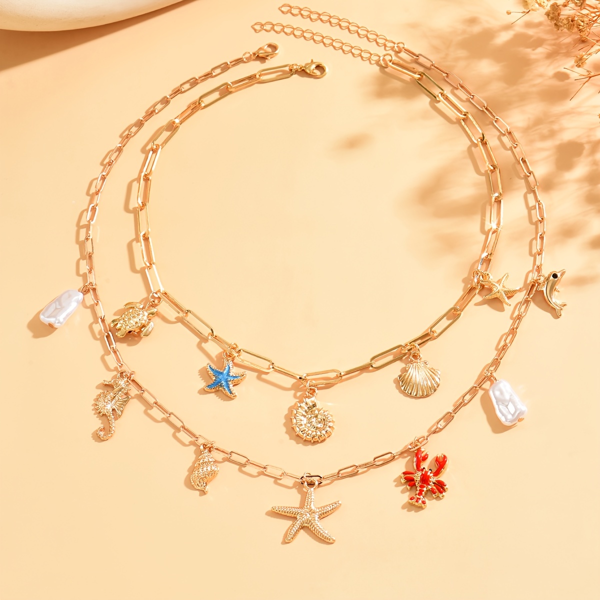 TEMU 2pcs Beach Artificial Multi-pendant Necklace, Fashionable Trending Double-layer Stacked Starfish Shell Pearl Decorated Golden Necklace Women's