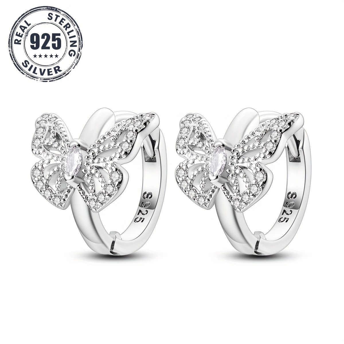 

925 Sterling Silver Exquisite Butterfly Earrings - Hypoallergenic, Sparkling, Elegant Style, Zirconia Mosaic, Synthetic Stone, Diy Jewelry Gift For Women, Daily Occasion, All Season Wear