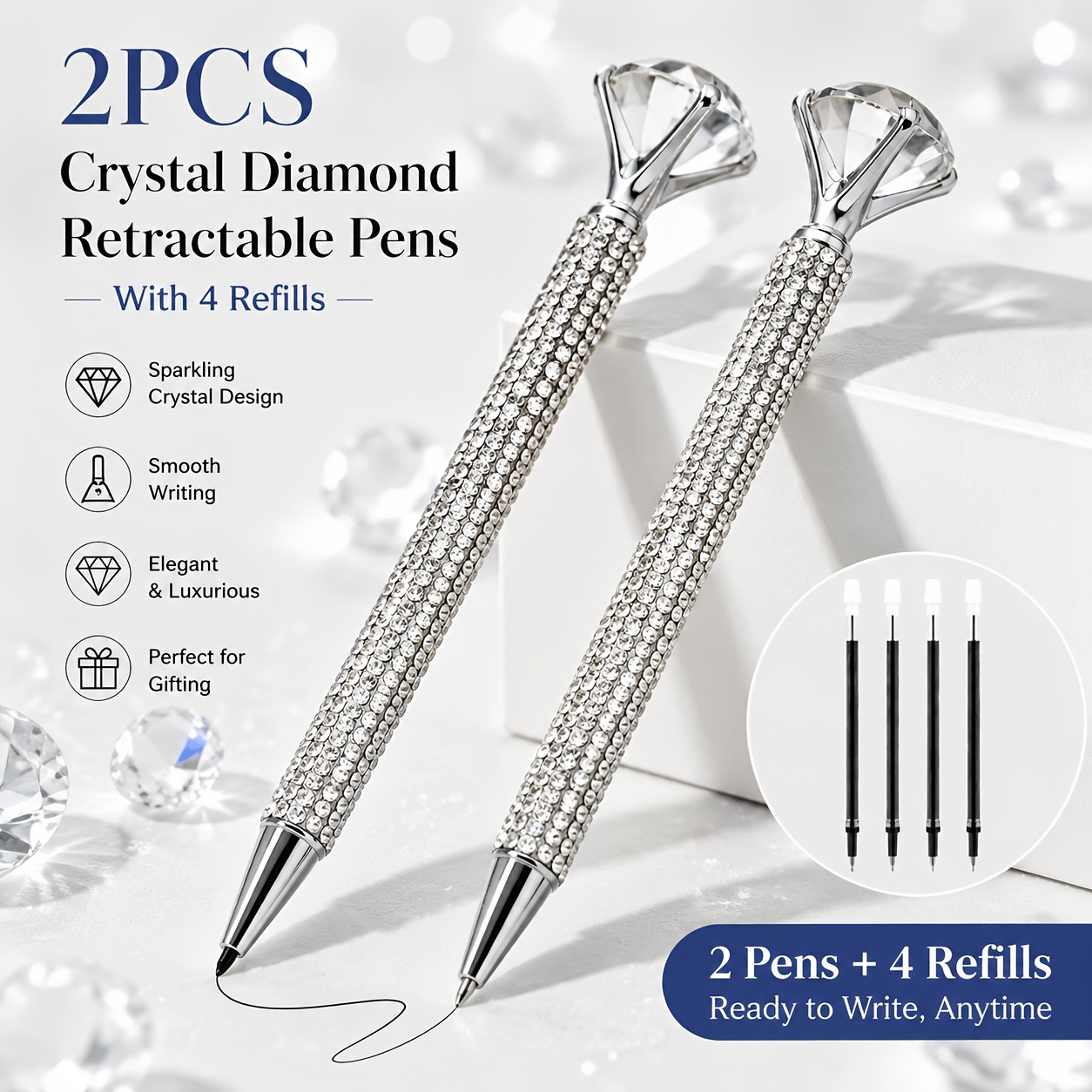 TEMU 6pcs Set: 2 Pens + 4 Replaceable Refills, Large Diamond Pen With Crystal Shiny Rhinestone Metal Glitter Diamond Ballpoint Pen, 1.0mm Black Ink
