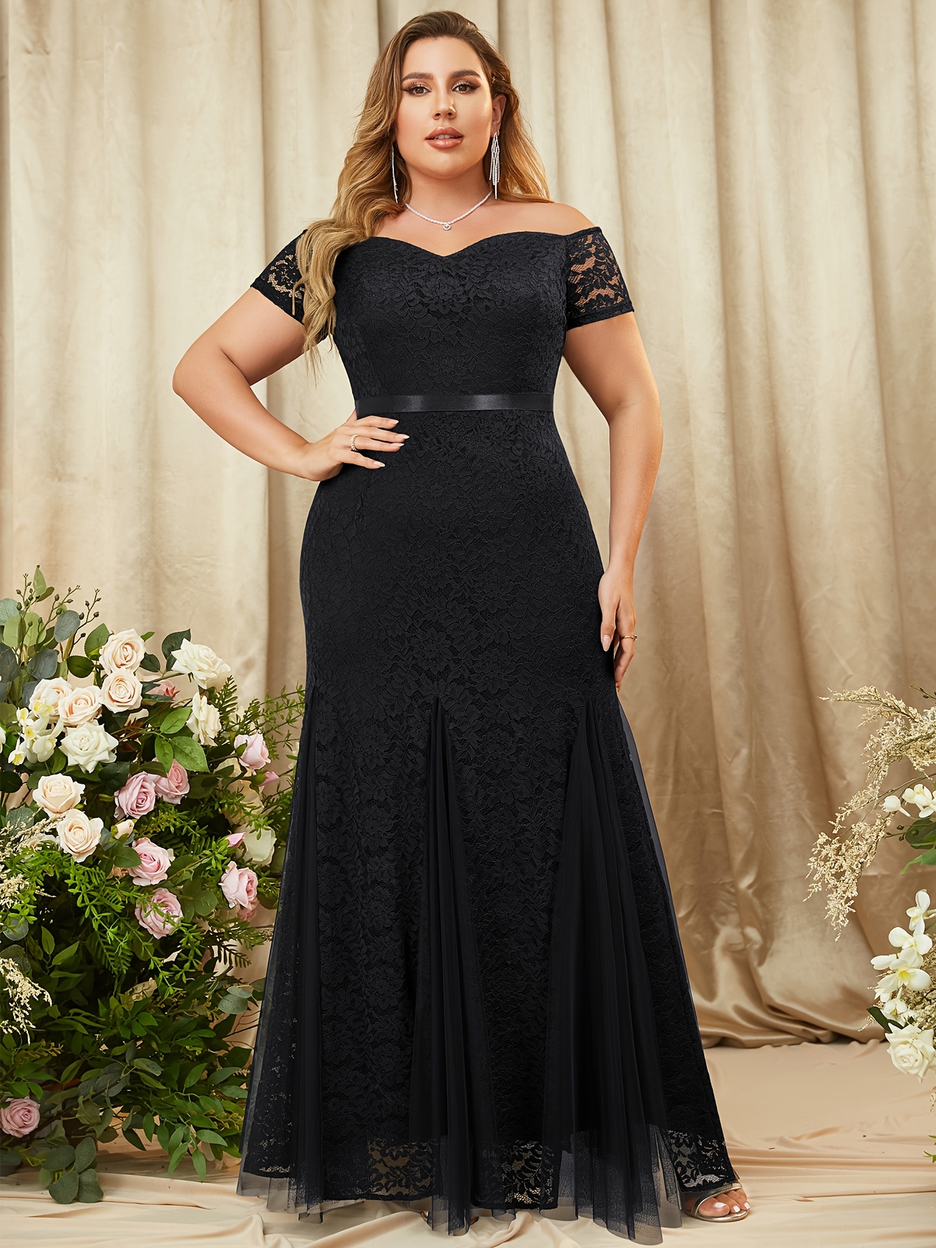 chinese dress ladies Elegant Floor Length Off The Shoulder Black Tulle Prom Dress with High Split main image 0