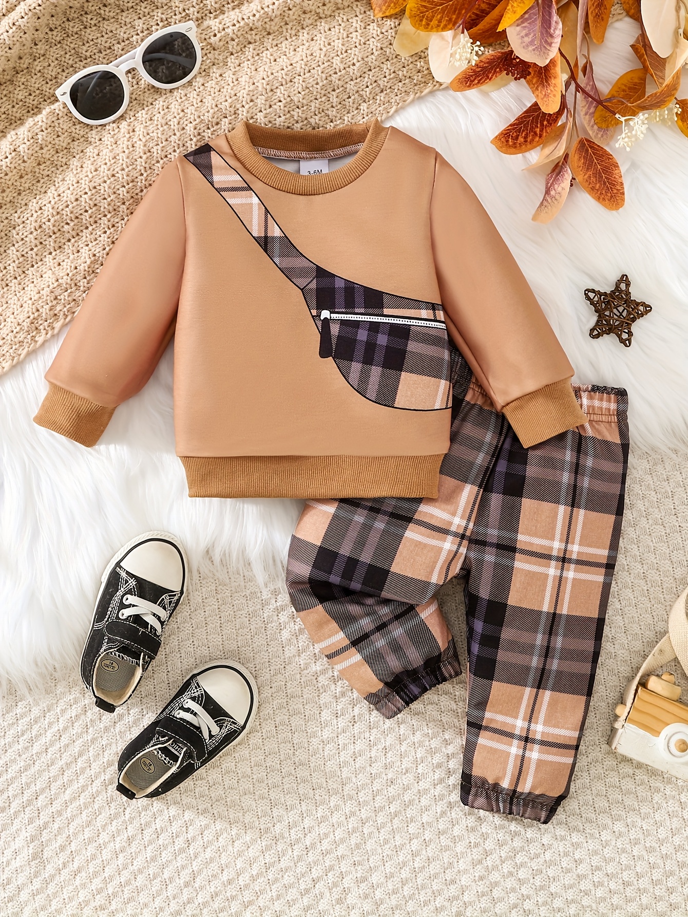 2pcs Boys' Plaid Sweatsuit Set with Backpack Strap Detail - Soft Brown & Beige Tartan Pattern Long Sleeve Sweater & Pants, Cozy Winter Outfit for to 12 Months, Machine Washable Casual Play Clothes, Round Neck Relaxed Fit, Plaid Print in Brown/Beige/Black/White, Elastic Waist Pants with Plaid Backpack Design, Ideal for Casual Attire and Layering, Perfect for Outdoor