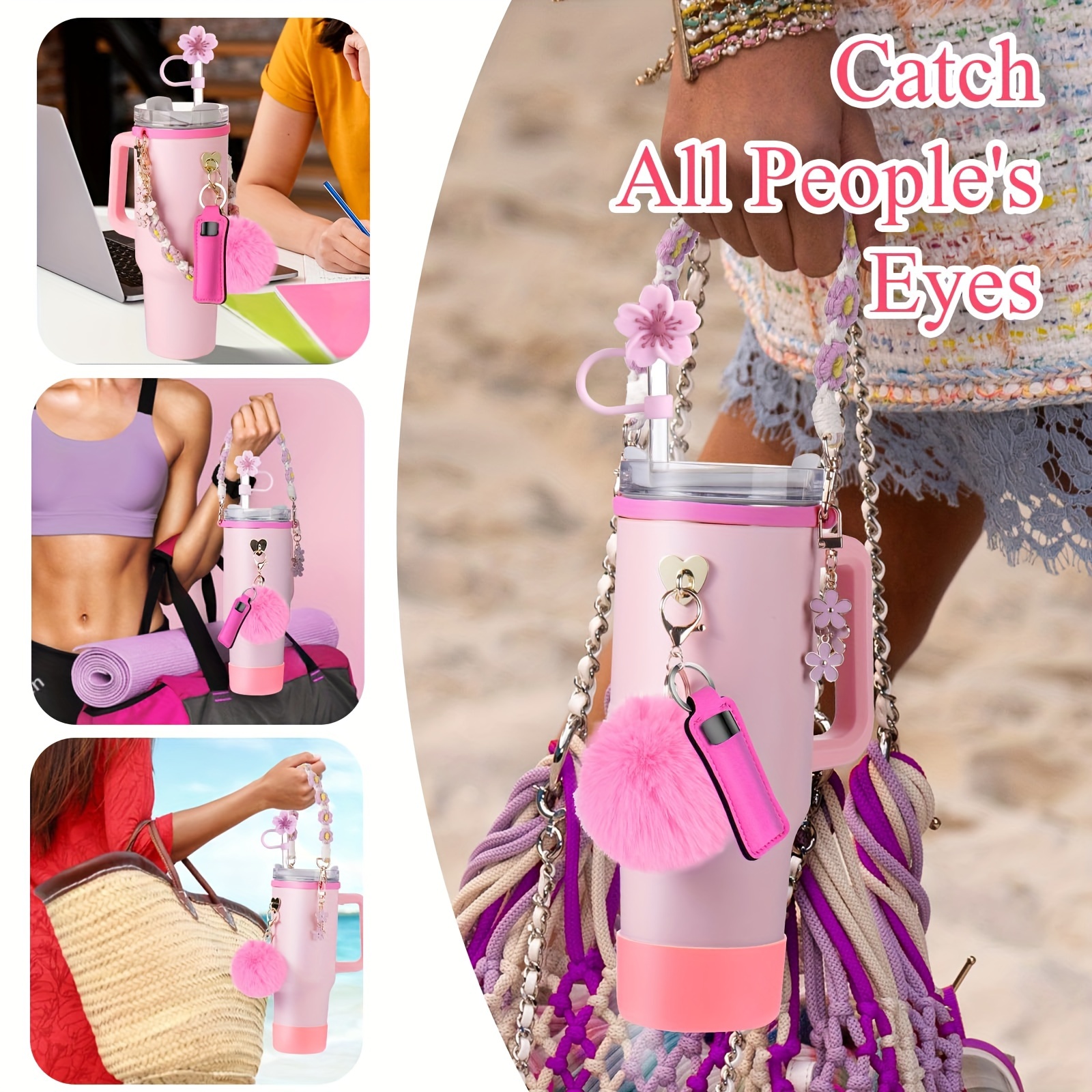 guulone 8pcs water bottle accessory kit silicone handle strap protective sleeve straw cover lipstick pouch cup charms fits 30oz 40oz insulated tumblers details 2