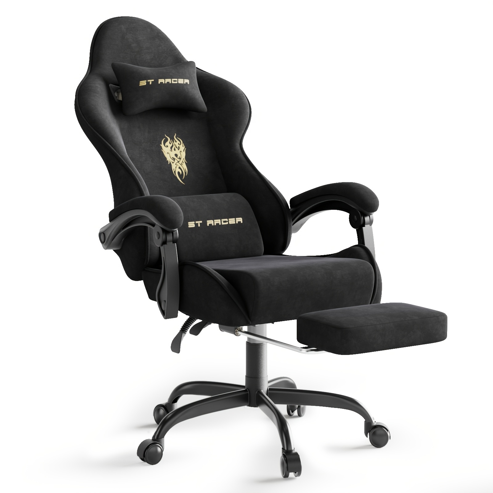 Image of Ergonomic Gaming Chair With Footrest & Massage Lumbar Cushion, Velvet Cover, Adjustable 90-125°, Home Office Chair Up To 113kg Load