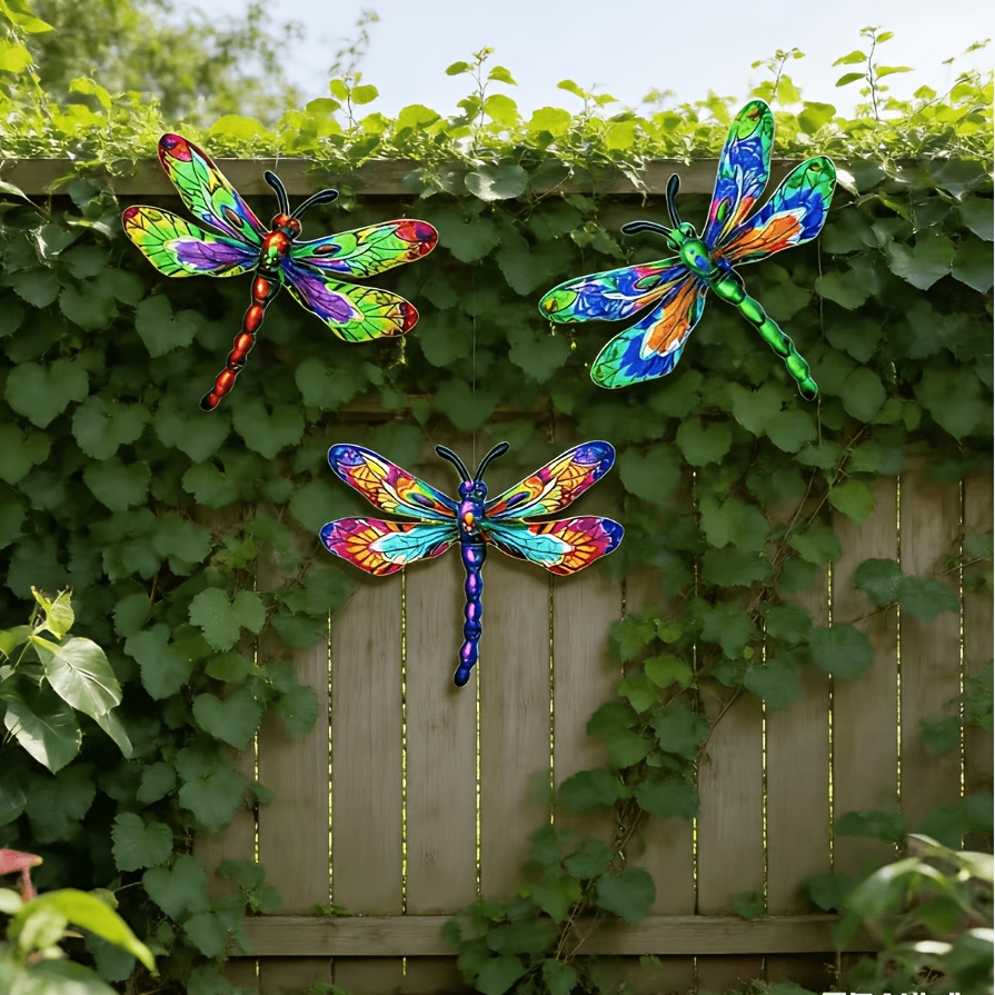 Image of [2.5d] 3pcs Colorful Metal Dragonfly Wall Decor Set, Outdoor Garden Art Wall Hanging, Three-dimensional Wrought Iron Insect Sculpture, Room Bedroom Wall Decoration, Courtyard Lawn Accent
