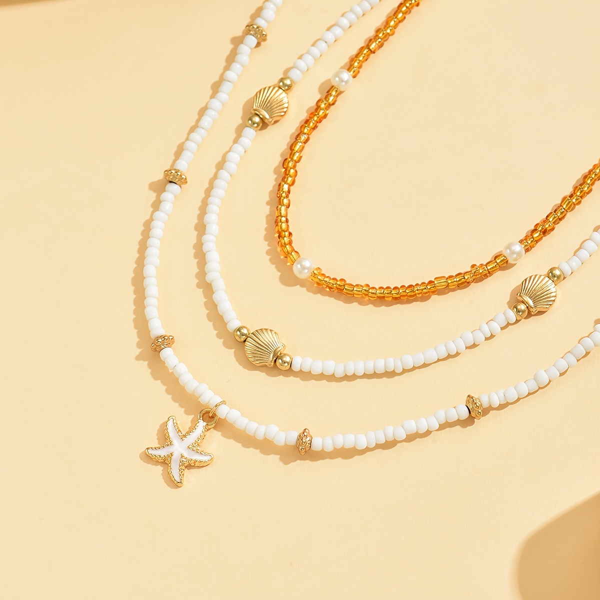 Boho Beaded Necklace Set - Ocean Beach Starfish Shell Neck Chain
