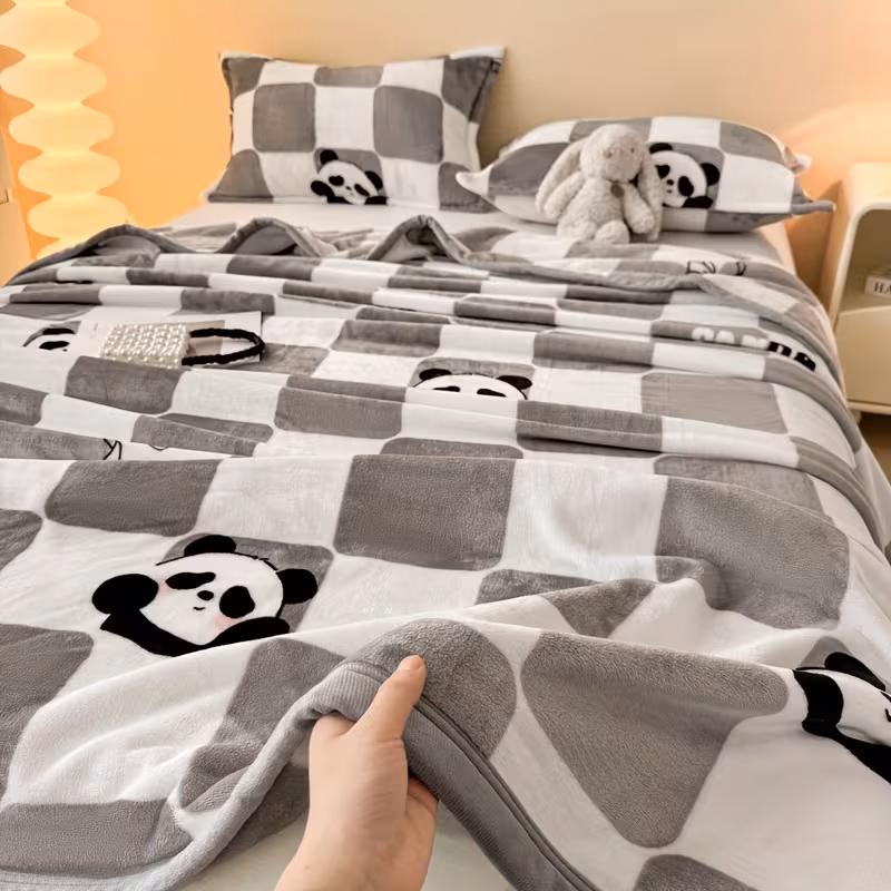 plush flannel throw blanket coral fleece gray checkered design with adorable panda patterns warm comfortable for couch bed or sofa machine washable use Product details 0